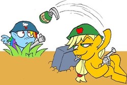 Size: 455x305 | Tagged: safe, artist:terry, applejack, rainbow dash, earth pony, pegasus, pony, fall weather friends, g4, female, grenade, gun, handgun, helmet, imminent death, mare, out of character, ponies with guns, revolver, war, weapon