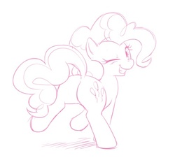 Size: 474x429 | Tagged: safe, artist:darkpandax, pinkie pie, earth pony, pony, g4, balloonbutt, butt, eyebrows, eyebrows visible through hair, female, grin, looking back, mare, monochrome, one eye closed, plot, rear view, smiling, solo, wink