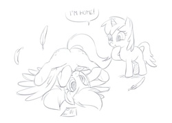 Size: 718x511 | Tagged: safe, artist:darkpandax, derpy hooves, dinky hooves, pegasus, pony, unicorn, g4, butt, crash, dialogue, female, filly, mare, monochrome, plot, upside down
