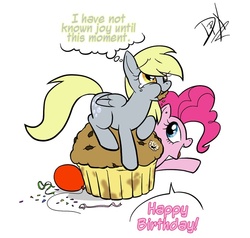 Size: 679x647 | Tagged: safe, artist:darkpandax, derpy hooves, pinkie pie, earth pony, pegasus, pony, g4, balloon, birthday, crying, eating, female, food, giant muffin, mare, muffin, party, tears of joy, that pony sure does love muffins