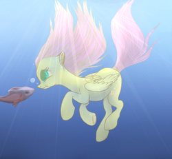 Size: 650x600 | Tagged: safe, artist:redfox-leap, fluttershy, fish, pegasus, pony, g4, crepuscular rays, female, holding breath, mare, solo, underwater, watershy