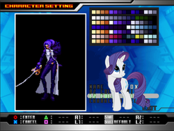 Size: 641x482 | Tagged: safe, artist:fallen nightingale, color edit, rarity, pony, unicorn, g4, crossover, female, foxy (king of fighters), king of fighters, mare, sword, weapon