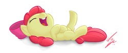 Size: 953x400 | Tagged: safe, artist:sameasusual, apple bloom, earth pony, pony, g4, adorabloom, bow, cute, female, filly, hair bow, laughing, on back, solo