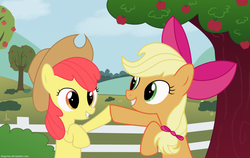 Size: 1900x1200 | Tagged: safe, artist:diegotan, apple bloom, applejack, earth pony, pony, g4, accessory swap, adorabloom, apple sisters, applebetes, bipedal, bow, cowboy hat, cute, duo, female, filly, foal, get, grin, hair bow, hat, hoofbump, hooves together, jackabetes, mare, nice, pattycakes, raised hoof, siblings, sisters, smiling, squee, stetson, sweet dreams fuel, wallpaper