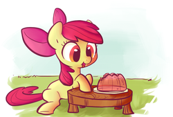 Size: 688x464 | Tagged: source needed, safe, artist:php27, artist:rustydooks, apple bloom, earth pony, pony, g4, female, filly, jello, sitting, solo, table