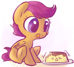 Size: 426x386 | Tagged: safe, artist:php27, artist:rustydooks, scootaloo, pegasus, pony, g4, cute, cutealoo, female, filly, flan, food, giga pudding, licking, licking lips, plate, pudding, simple background, sitting, solo, tongue out, white background