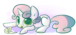 Size: 697x322 | Tagged: source needed, safe, artist:php27, artist:rustydooks, sweetie belle, pony, unicorn, g4, female, filly, messy eating, prone, pudding, solo, tongue out