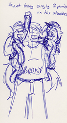 Size: 562x1023 | Tagged: safe, artist:aceofscarabs, oc, oc only, human, pegasus, pony, unicorn, brony, brony stereotype, carrying, monochrome, shoulder ride, sketch, traditional art