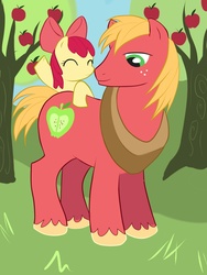 Size: 3240x4320 | Tagged: safe, artist:hana7, apple bloom, big macintosh, earth pony, pony, g4, apple, bow, brother and sister, eyes closed, female, filly, food, freckles, grass, hair bow, male, sky, smiling, stallion, tree