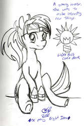 Size: 683x1024 | Tagged: safe, artist:aceofscarabs, oc, oc only, oc:bright idea, earth pony, pony, female, goggles, mare, sitting, solo, traditional art, underhoof