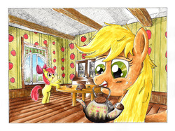 Size: 4674x3498 | Tagged: safe, artist:mcstalins, apple bloom, applejack, earth pony, pony, g4, apple sisters, duo, female, filly, foal, mare, morning ponies, mouth hold, siblings, sisters, table, teapot, traditional art