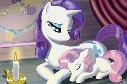 Size: 900x600 | Tagged: safe, artist:laxia, rarity, sweetie belle, pony, unicorn, g4, candle, female, filly, mare, prone, sleeping