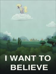 Size: 2250x3000 | Tagged: safe, artist:stinkehund, derpy hooves, pegasus, pony, g4, cloud, female, high res, hooves, i want to believe, mare, on a cloud, parody, poster, smiling, solo, standing on a cloud, text, the x files, tree, wings
