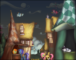Size: 3000x2362 | Tagged: safe, artist:stinkehund, angel bunny, carrot top, diamond mint, fluttershy, golden harvest, minuette, opalescence, pinkie pie, rainbow dash, duck, earth pony, pegasus, pony, unicorn, g4, cloud, dawn, female, flying contraption, high res, mare, ponyville, scenery, sleeping