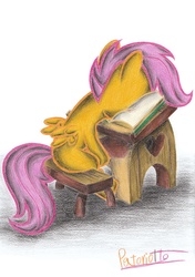 Size: 1636x2320 | Tagged: safe, artist:patoriotto, scootaloo, pegasus, pony, g4, book, facebooking, facedesk, faceplant, female, filly, pixiv, pun, school, sitting, sleeping, sleeping in class, solo, traditional art