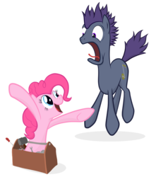 Size: 1000x1131 | Tagged: safe, artist:manateemckenzie, pinkie pie, oc, earth pony, pony, g4, duo, female, jumping, male, mare, scared, simple background, smiling, stallion, surprised, toolbox