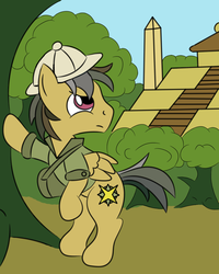 Size: 1600x2000 | Tagged: safe, artist:wolferahm, daring do, pegasus, pony, g4, bipedal, clothes, dashing do, fortress of talacon, hat, jungle, male, rule 63, solo, stallion, tree