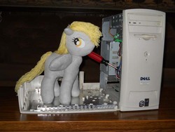 Size: 600x450 | Tagged: safe, artist:brainbread, artist:eratosofcyrene, derpy hooves, pegasus, pony, derpibooru, g4, computer, dell, derpy hooves tech support, doll, female, gray body, gray coat, gray fur, gray pony, gray wings, grey body, grey fur, grey pony, grey wings, irl, mare, meta, photo, plushie, pony plushie, screwdriver, solo, tail, toy, yellow eyes, yellow hair, yellow mane, yellow tail