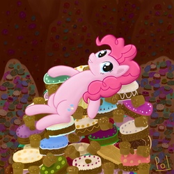 Size: 2000x2000 | Tagged: dead source, safe, artist:polkin, pinkie pie, earth pony, pony, g4, cake, cupcake, dessert, female, high res, mare, on back, pile, solo, sweets