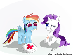 Size: 650x500 | Tagged: safe, artist:churchs, rainbow dash, rarity, pegasus, pony, unicorn, g4, bandaid, duo, female, filly, first aid kit, foal, injured, mouth hold, one eye closed, simple background, sitting, smiling, standing
