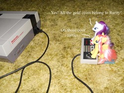 Size: 800x600 | Tagged: safe, artist:eratosofcyrene, fluttershy, rarity, pegasus, pony, unicorn, g4, controller, duo, female, irl, male, mare, mario, merchandise, my little brony, nintendo, nintendo entertainment system, photo, playing video games, rarigamer, super mario bros., text, toy, video game, watermark