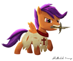 Size: 1000x839 | Tagged: safe, artist:shutterclickbrony, scootaloo, pegasus, pony, g4, angry, christianity, clothes, cross, crusader, fantasy class, female, filly, knight, knights templar, mouth hold, paladin, signature, simple background, solo, sword, transparent background, warrior, weapon