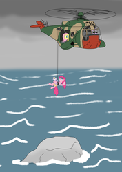 Size: 2893x4092 | Tagged: safe, anonymous artist, dinky hooves, fluttershy, pinkie pie, twilight sparkle, earth pony, pegasus, pony, unicorn, g4, female, filly, helicopter, mare, rescue, water