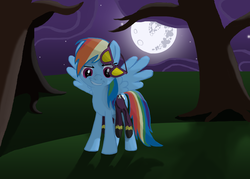 Size: 3500x2500 | Tagged: safe, artist:morevespenegas, rainbow dash, pegasus, pony, g4, clothes, costume, female, high res, mare, mare in the moon, moon, night, shadowbolt dash, shadowbolts, shadowbolts costume, solo, spread wings, tree, wings