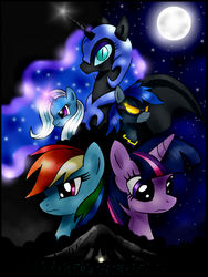 Size: 1224x1632 | Tagged: safe, artist:unitoone, nightmare moon, nightshade, rainbow dash, trixie, twilight sparkle, alicorn, pegasus, pony, unicorn, fanfic:the night that never ended, g4, clothes, costume, fanfic, fanfic art, female, mare, shadowbolts, shadowbolts uniform