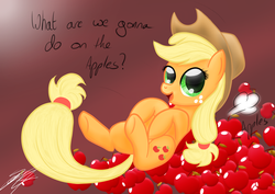 Size: 1480x1050 | Tagged: safe, artist:sierraex, applejack, earth pony, pony, g4, bed, female, gradient background, hentai quotes, looking at you, mare, on back, on bed, onomatopoeia, open mouth, pomf, smiling, solo, underhoof, what are we gonna do on the bed?