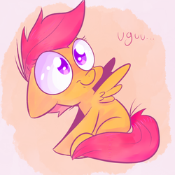 Size: 1000x1000 | Tagged: safe, artist:spanish-scoot, scootaloo, pegasus, pony, g4, female, filly, floppy ears, looking up, sitting, smiling, solo, uguu