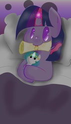 Size: 1090x1900 | Tagged: safe, artist:llamaswithkatanas, twilight sparkle, pony, unicorn, g4, bed, female, filly, foal, mouth hold, no pupils, on back, pillow, plushie, scroll, smiling, solo