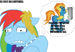 Size: 1112x773 | Tagged: safe, artist:cartoonlion, edit, rainbow dash, spitfire, pegasus, pony, g4, butt, butt shake, e3, feels like i'm wearing nothing at all, female, floppy ears, male, mare, plot, simple background, stupid sexy flanders, stupid sexy spitfire, the simpsons, thought bubble, white background, xbox 360