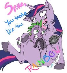 Size: 1565x1687 | Tagged: safe, artist:thedrippingrainbow, spike, twilight sparkle, dragon, pony, unicorn, g4, drugs, duo, ear piercing, earring, female, headphones, horseshoes, hug, jewelry, licking, male, mare, piercing, tongue out, underhoof, unshorn fetlocks