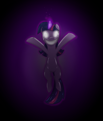 Size: 1000x1168 | Tagged: safe, artist:w300, twilight sparkle, pony, unicorn, g4, female, floating, glowing eyes, gradient background, grin, looking at you, magic, mare, smiling, solo, telekinesis, twilight sparkle glowing eyes