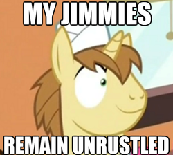 Size: 624x560 | Tagged: safe, edit, edited screencap, screencap, donut joe, pony, unicorn, g4, mmmystery on the friendship express, image macro, jimmies, male, solo, stallion