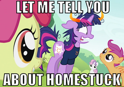 Size: 789x558 | Tagged: safe, edit, edited screencap, screencap, apple bloom, scootaloo, sweetie belle, twilight sparkle, earth pony, pegasus, pony, unicorn, g4, lesson zero, season 2, cutie mark crusaders, female, filly, homestuck, image macro, mare, twilight snapple