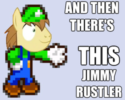 Size: 471x376 | Tagged: artist needed, safe, donut joe, pony head on human body, g4, and then there's this asshole, cosplay, gray background, image macro, jimmies, luigi, male, mario, meme, rustled my jimmies, simple background, solo, super mario bros., text