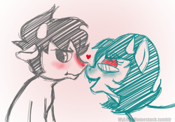 Size: 500x348 | Tagged: safe, artist:mylittlehomestuck, pony, blushing, boop, female, homestuck, karkat vantas, male, noseboop, ponified, shipping, simple background, straight, terezi pyrope