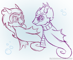 Size: 500x412 | Tagged: safe, artist:mylittlehomestuck, sea pony, bubble, clothes, duo, eridan ampora, feferi peixes, female, fins, flowing mane, homestuck, looking at each other, looking at someone, male, ocean, scarf, seaponified, simple background, smiling, smiling at each other, species swap, swimming, underwater, water