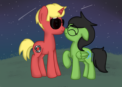 Size: 1400x1000 | Tagged: safe, artist:poofypegasus, pegasus, pony, unicorn, dave strider, female, homestuck, jade harley, male, mare, night, ponified, shipping, shooting star, spacetime, stallion, straight