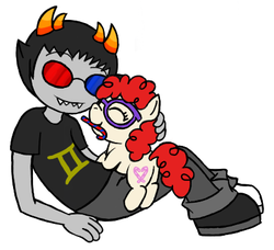 Size: 416x379 | Tagged: safe, artist:darlimondoll, twist, earth pony, pony, g4, candy, candy cane, crossover, duo, female, filly, foal, food, homestuck, male, mouth hold, simple background, sollux captor, troll (homestuck), white background