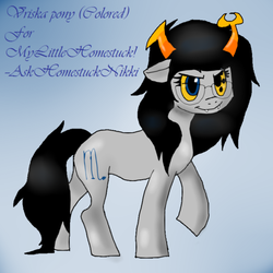 Size: 500x500 | Tagged: dead source, safe, artist:macaronianddeath, pony, crossover, fangs, female, floppy ears, glasses, gradient background, homestuck, horns, mare, ponified, smiling, smirk, solo, text, vision eightfold, vriska serket