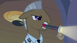 Size: 1280x720 | Tagged: safe, screencap, night watch, vigilance, earth pony, pony, g4, read it and weep, season 2, all new, flashlight (object), floppy ears, hub logo, logo, male, mouth hold, necktie, security guard, security officer, solo, stallion, text, the hub, wallpaper