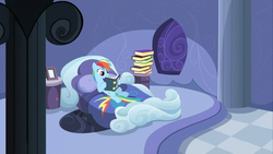 Size: 1280x720 | Tagged: safe, screencap, rainbow dash, pegasus, pony, g4, read it and weep, bed, bedroom, book, female, mare, on back, rainbow dash's bedroom, rainbow dash's house, reading, solo, wallpaper