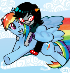 Size: 580x604 | Tagged: safe, artist:uri-loves-cookies, rainbow dash, pegasus, pony, g4, colored glasses, crossover, duo, female, flying, homestuck, mare, rainbow trail, riding, terezi pyrope, troll (homestuck)