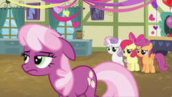 Size: 1128x636 | Tagged: safe, screencap, apple bloom, cheerilee, scootaloo, sweetie belle, earth pony, pegasus, pony, unicorn, g4, hearts and hooves day (episode), season 2, cheerilee is not amused, cutie mark crusaders, female, filly, floppy ears, hearts and hooves day, mare, ponyville schoolhouse, school, unamused