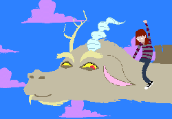 Size: 650x450 | Tagged: artist needed, safe, edit, discord, draconequus, g4, andrew hussie, animated, cloud, cotton candy, cotton candy cloud, falkor, flying, food, gif, homestuck, lauren faust, riding, the neverending story