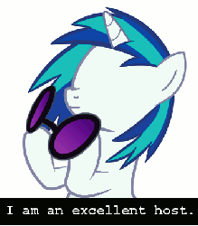 Size: 360x410 | Tagged: artist needed, safe, dj pon-3, vinyl scratch, pony, unicorn, g4, caption, doc scratch, female, gif, homestuck, mare, no eyes, non-animated gif, pun, simple background, solo, sunglasses, text, white background