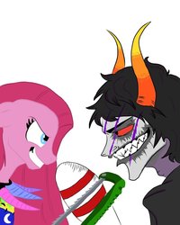 Size: 800x1000 | Tagged: safe, artist:neonshi, pinkie pie, earth pony, pony, fanfic:cupcakes, g4, colored sclera, crossover, duo, female, floppy ears, gamzee makara, hacksaw, homestuck, male, mare, pinkamena diane pie, red eyes, red sclera, saw, scar, sharp teeth, simple background, teeth, troll (homestuck), white background